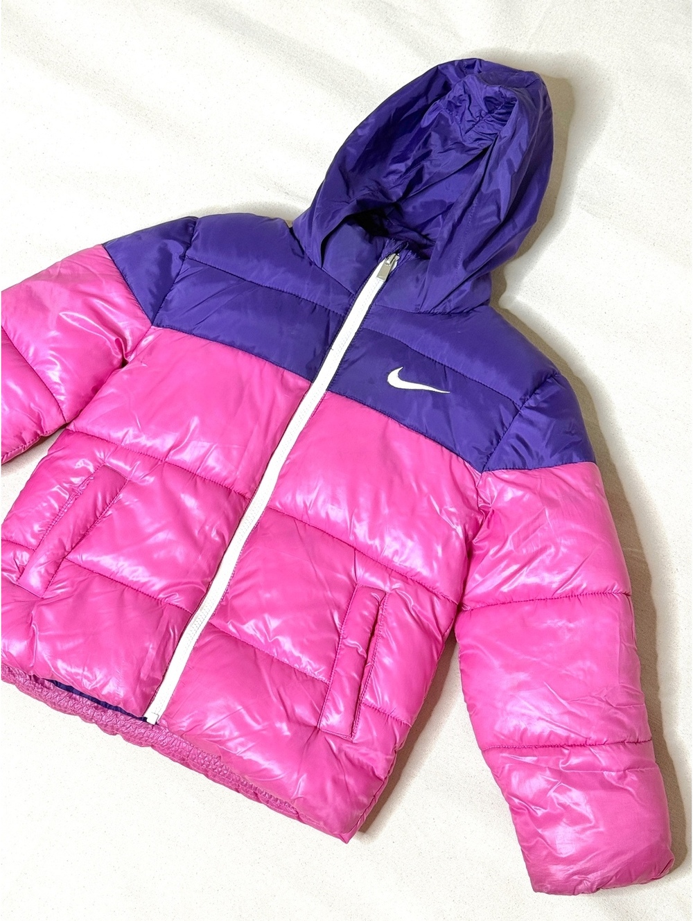 Nike Girls 6X Pink Purple Puffer Jacket Hooded Just Do It Fleece Lined